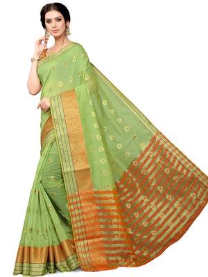 Green Woven Cotton Saree With Blouse 1