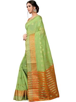 Green Woven Cotton Saree With Blouse 2