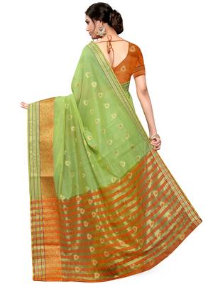 Green Woven Cotton Saree With Blouse 4