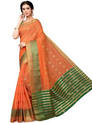 Orange Woven Cotton Saree With Blouse 1