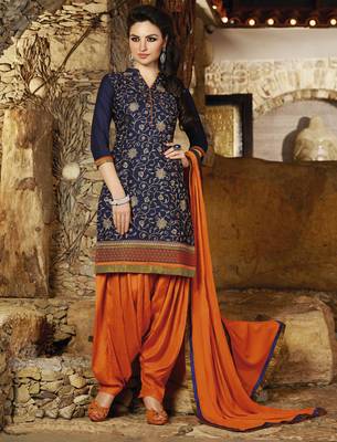 Blue embroidered cotton and cambric unstitched patiala salwar suit 1