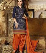 Blue embroidered cotton and cambric unstitched patiala salwar suit