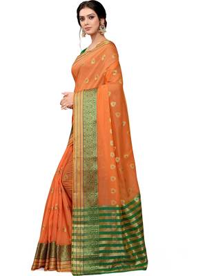 Orange Woven Cotton Saree With Blouse 2