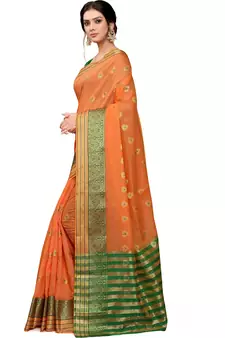 Orange Woven Cotton Saree With Blouse