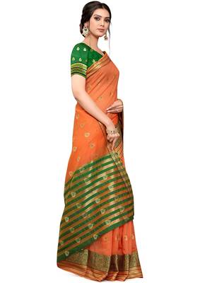 Orange Woven Cotton Saree With Blouse 3