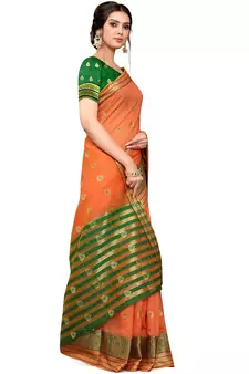 Orange Woven Cotton Saree With Blouse