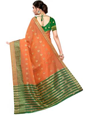 Orange Woven Cotton Saree With Blouse 4