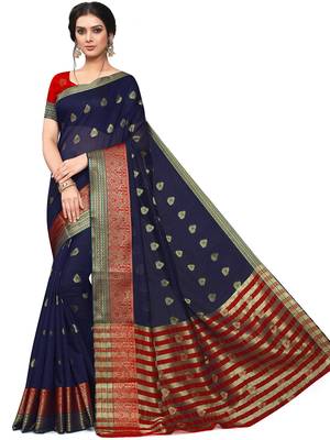 Navy Blue Woven Cotton Saree With Blouse 1