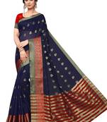 Navy Blue Woven Cotton Saree With Blouse