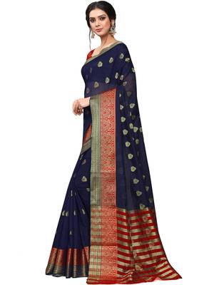 Navy Blue Woven Cotton Saree With Blouse 2