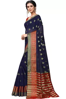 Navy Blue Woven Cotton Saree With Blouse