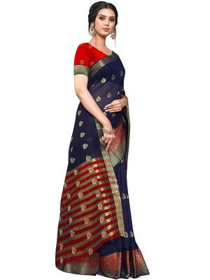 Navy Blue Woven Cotton Saree With Blouse 3