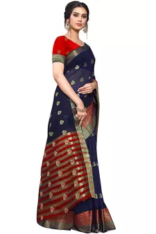 Navy Blue Woven Cotton Saree With Blouse