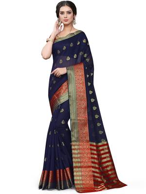 Navy Blue Woven Cotton Saree With Blouse 4