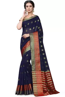 Navy Blue Woven Cotton Saree With Blouse