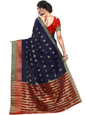 Navy Blue Woven Cotton Saree With Blouse 5