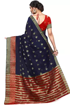 Navy Blue Woven Cotton Saree With Blouse