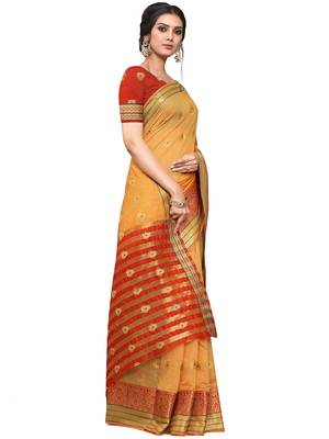 Yellow Woven Cotton Saree With Blouse 3