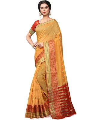 Yellow Woven Cotton Saree With Blouse 4