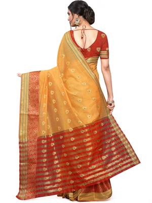 Yellow Woven Cotton Saree With Blouse 5