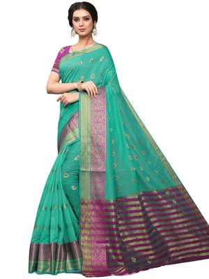 Turquoise Woven Cotton Saree With Blouse 1