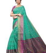 Turquoise Woven Cotton Saree With Blouse