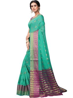 Turquoise Woven Cotton Saree With Blouse 2