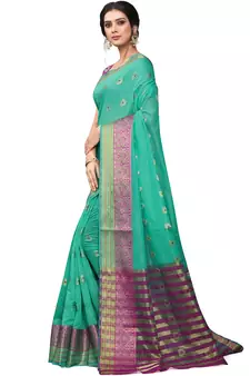 Turquoise Woven Cotton Saree With Blouse