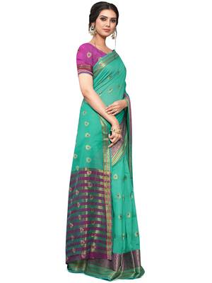 Turquoise Woven Cotton Saree With Blouse 3