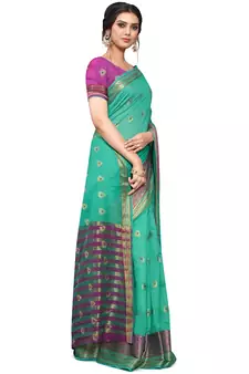 Turquoise Woven Cotton Saree With Blouse