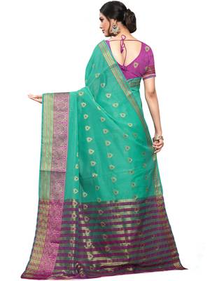 Turquoise Woven Cotton Saree With Blouse 4