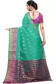 Turquoise Woven Cotton Saree With Blouse