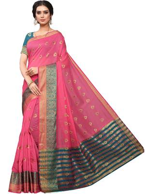 Pink Woven Cotton Saree With Blouse 1
