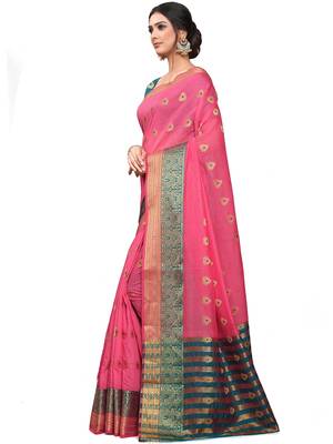 Pink Woven Cotton Saree With Blouse 2