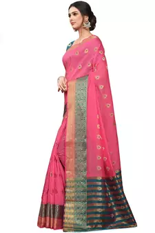 Pink Woven Cotton Saree With Blouse