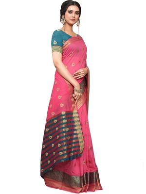 Pink Woven Cotton Saree With Blouse 3
