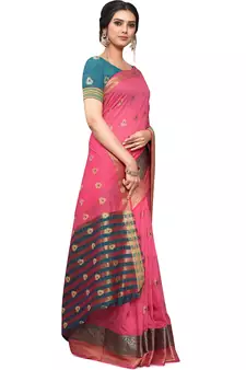Pink Woven Cotton Saree With Blouse