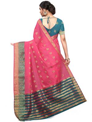 Pink Woven Cotton Saree With Blouse 4