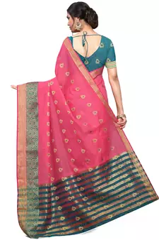Pink Woven Cotton Saree With Blouse