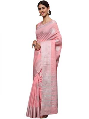 Light Pink Woven Silk Blend Saree With Blouse 2