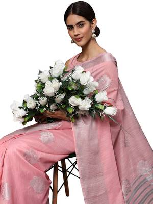 Light Pink Woven Silk Blend Saree With Blouse 3