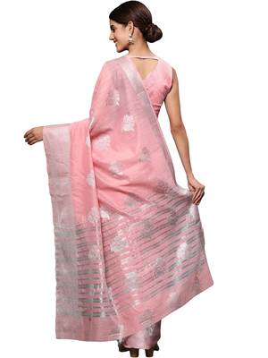 Light Pink Woven Silk Blend Saree With Blouse 4