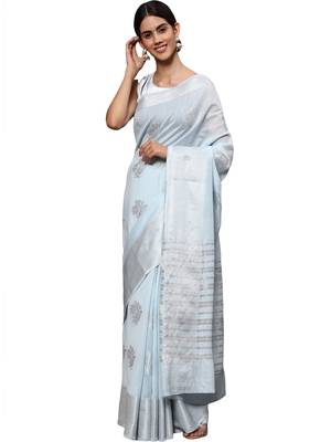 Light Blue Woven Silk Blend Saree With Blouse 1