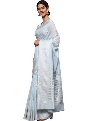 Light Blue Woven Silk Blend Saree With Blouse 2