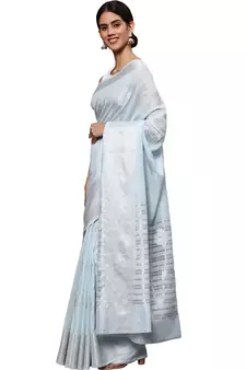 Light Blue Woven Silk Blend Saree With Blouse