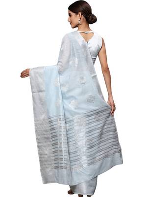 Light Blue Woven Silk Blend Saree With Blouse 4