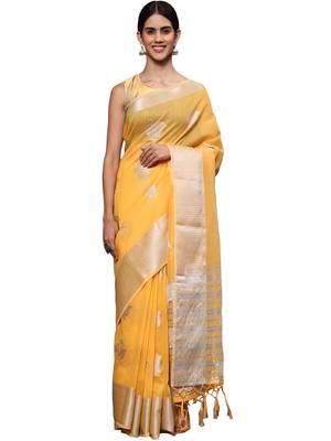 Yellow Woven Silk Blend Saree With Blouse 1
