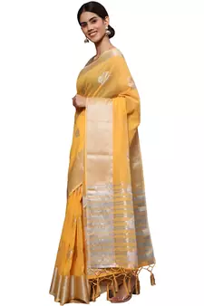 Yellow Woven Silk Blend Saree With Blouse
