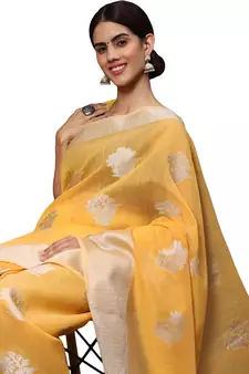 Yellow Woven Silk Blend Saree With Blouse