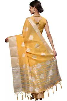 Yellow Woven Silk Blend Saree With Blouse